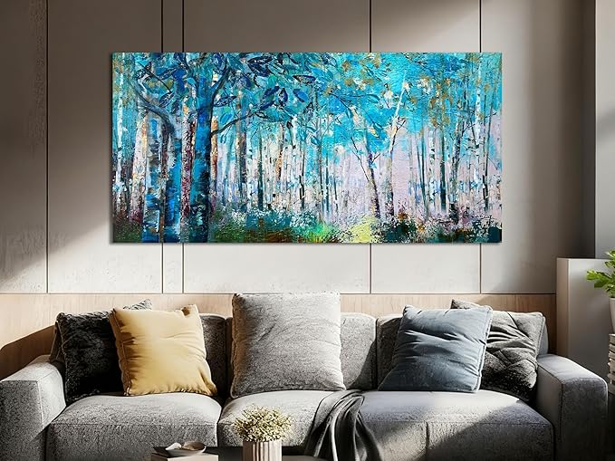Ardemy Blue Tree Canvas Wall Art Forest Landscape Wall Decor Picture Nature Teal Abstract Textured Large Artwork Painting Art for Home Office Living Room, 40"x20"