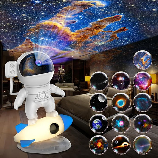 Astronaut Galaxy Projector Light for Bedroom, 12-in-1 HD Nebula Northern Lights Projector with 360° Rotating Projection, Fixed Rocket Night Light with Timer, Gift for Boys Girls Kids
