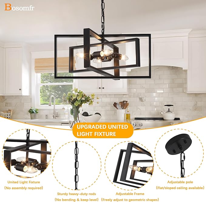 19.7'' Modern Chandelier 4-Light, Black Farmhouse Light Fixture Cross Chandeliers for Dining Room Living Kitchen Island Bedroom Living,Rectangular Metal Industrial Hanging Ceiling Lighting
