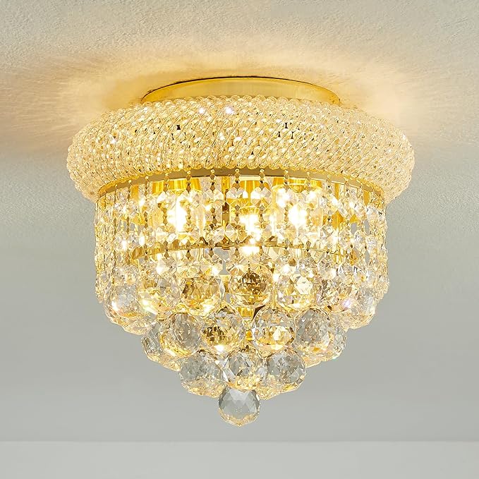 3-Light Crystal Flush Mount Chandelier Ceiling Light Fixture for Living Room Dining Room Bedroom Foyer Entryway Hallway Closet Bathroom (Gold D10)