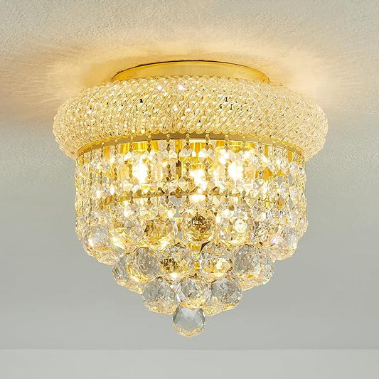 3-Light Crystal Flush Mount Chandelier Ceiling Light Fixture for Living Room Dining Room Bedroom Foyer Entryway Hallway Closet Bathroom (Gold D10)