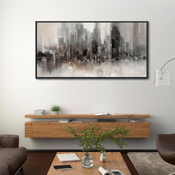 Nyc Skyline Painting Wall Art Grey Buildings Picture for Living Room Modern Home Bedroom Decoration Black and White and Brown Framed Artwork Decor