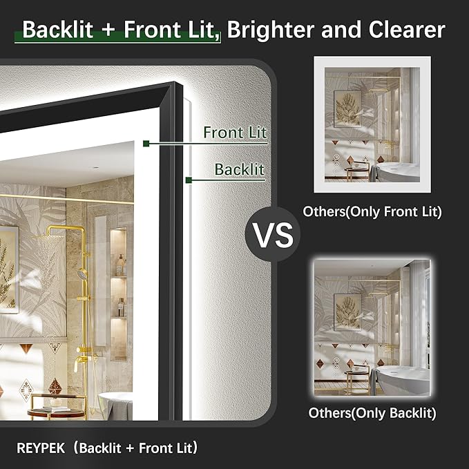 22x30 Black Framed Led Bathroom Mirror with Lights, Front Lit and Backlit, Lighted Vanity Mirror for Bathroom Wall, Anti-Fog, Dimmable, 3 Colors, Memory, HD Tempered Glass
