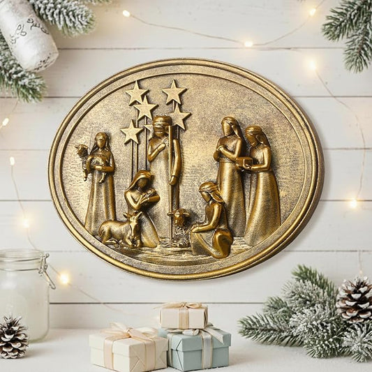 Christmas Vintage Wall Decor with 3D Resin Nativity Scene, Oval Antique Wall Sculpture Framed Christmas Manger Nativity Set for Bedroom Living Room Hallway