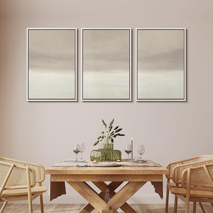 MUDECOR Framed Wall Art Print Set Misty Horizon Minimalist Foggy Mountain Landscape in Soft Neutral Tones Illustrations Realism Decorative for Living Room, Bedroom, Office - 24"x36"x3 White