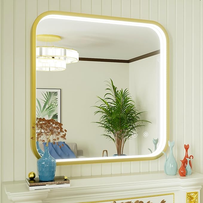 30x30 Inch Gold LED Mirror for Bathroom, 3000K/4500K/6000K, Framed Lighted Bathroom Vanity Mirror with Lights, Anti-Fog, Stepless Dimmable, Memory, Wall Mounted, Horizontal/Vertical