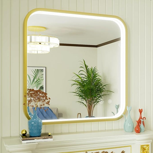 30x30 Inch Gold LED Mirror for Bathroom, 3000K/4500K/6000K, Framed Lighted Bathroom Vanity Mirror with Lights, Anti-Fog, Stepless Dimmable, Memory, Wall Mounted, Horizontal/Vertical