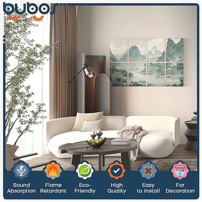 BUBOS 8 Pack Art Acoustic Panels Soundproof Wall Panel,47.2X31.4 Inches Sound Absorbing Panel,Self-adhesive Decorative Acoustical Wall Panels, Acoustic Treatment for Ceiling Home Office（Chinese Charm）