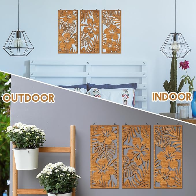 3 Pcs Tropical Wall Decor 3d Wooden Palm Leaf Wall Art Monstera Sculptures Wood Hibiscus Flowers Hanging Decor Vintage Plant Plaque for Home Bathroom 7.09 x 15.75 Inch(Classic Style)