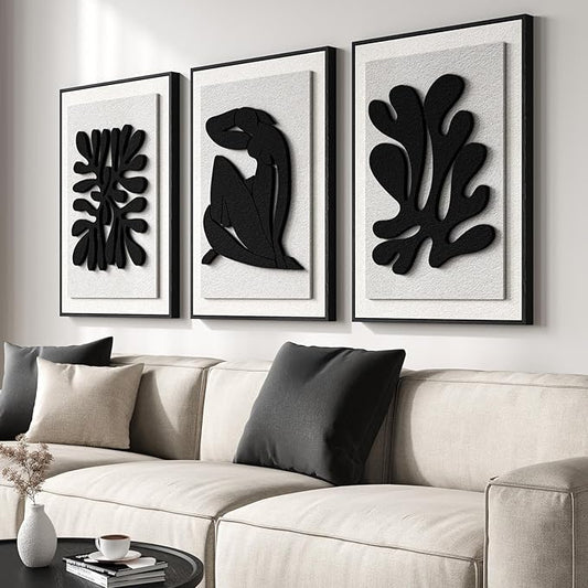 Large 3D Textured Framed Abstract Wall Art for Living Room, 3 Piece Modern Black and White Artwork for Walls, Minimalist Wall Paintings for Hallway, Stair, Office Wall Decor, 24x36 Inches