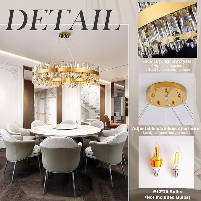 Modern Crystal Chandeliers, 16 Lights Brass Gold Round 2-Tier K9 Crystal Raindrop Chandelier, Luxury Flush Mount Pendant Ceiling Light for Living Room Bedroom Entryway Kitchen Foyer D31.5''