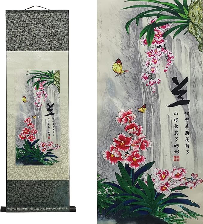 AtfArt Asian Wall Decor - Beautiful Silk Scroll Painting of 4 Righteous Men with Flowers - Plum Orchid, Bamboo, Chrysanthemum - Oriental Decor, Chinese Art Wall Scroll Hanging
