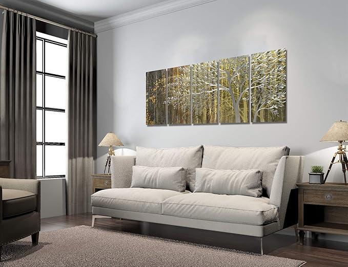 BATRENDY ARTS Gold Metal Wall Art Yellow and Brown Tree Sculpture Landscape Aluminium Panel Artwork Hangings for Living Room Decorations