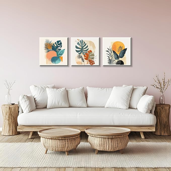 NAN Wind 3 Panels Modern Abstract Tropical Canvas Wall Art Colorful Leaf Prints Contemporary Botanical Art for Living Room Minimalist Plant Decor Geometric Palm & Monstera Leaf Paintings Home Decor