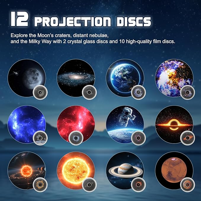 Observatory-Inspired Star Projector for Kids & Adults – HD Focus Adjustable Galaxy Lamp with 12 Discs, Voice Astronomy Education, Auto Shut-Off, White Noise, Rotating & Brightness Control