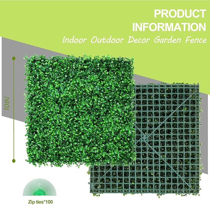 AOKIE 10"X10" Artificial Grass Wall, 12Pcs Boxwood Hedge Wall Panels UV-Anti Grass Backdrop Wall Decor, Greenery Privacy Hedge Screen for Indoor Outdoor Patio Balcony, Party Garden Fence Decor