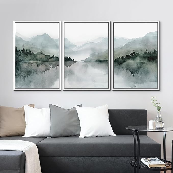 MUDECOR Framed Wall Art Print Set Misty Mountain Lake Watercolor Serene Illustrations Modern Art Boho Decorative Colorful Chic for Living Room, Bedroom, Office - 24"x36"x3 White