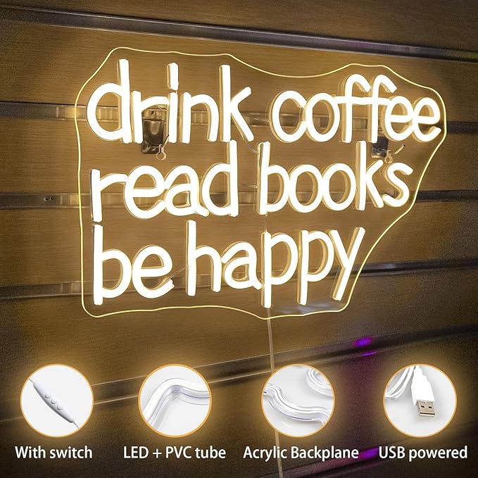 Looklight Drink Coffee Read Books Be Happy Neon Sign Warm White Read Books Led Neon Light for Wall Decor Dimmable USB Neon Light Up Signs for Classroom Coffee Shop Bookstore Library Museum Study Room