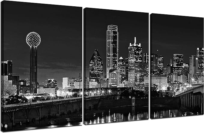 NAN Wind 3 Pcs Wall Art Dallas Skyline Black & White Canvas Art Paintings For Room Decor Dallas Cityscape Skyscrapers Night Scene Picture Prints On Canvas For Home Decor Modern Giclee Framed