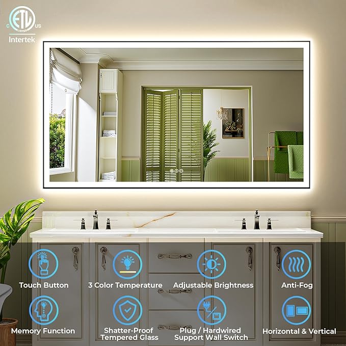 88x38 Inch LED Bathroom Mirror with Lights (Front Lit and Backlit) Black Framed Lighted Vanity Mirror for Bathroom Wall Dimmable Anti-Fog Memory Tempered Glass Horizontal/Vertical