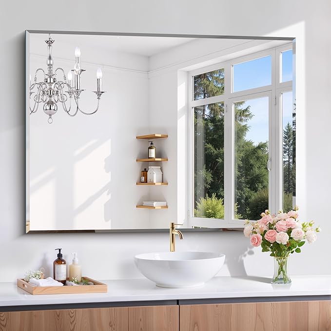 Beveled Bathroom Mirror, 36x48 Inch Large Bathroom Mirrors for Over Sink, Upgraded Shatterproof Beveled Frameless Vanity Mirror for Bathroom,Bedroom,Living Room and Entryway
