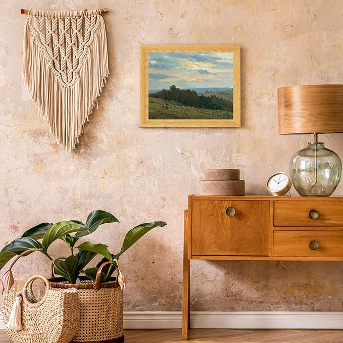 Brivoria Framed Canvas Wall Art Vintage Decor, Harvest Season Landscape with Farmers Hay Fields and Rustic Trees Under Autumn Sunset for Hallway Reading Nook Bathroom or Office Wall Display, 13"x16"