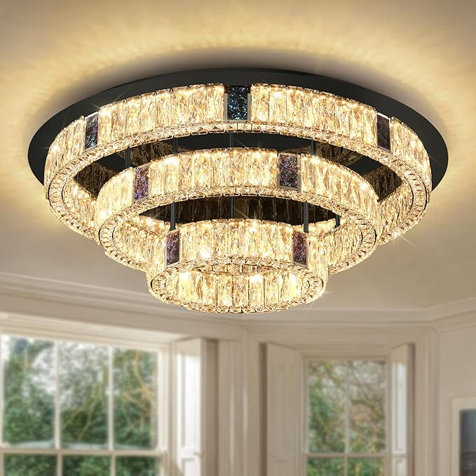 32'' Modern Flush Mount Crystal Chandelier for Living Room Round Ring Chandelier Black 3-Tier Crystal Ceiling Light for Dining Room Kitchen Bedroom Dimmable Lighting