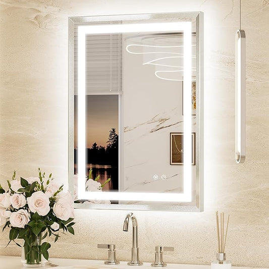 Keonjinn 22 x 30 in Brushed Nickel LED Mirror with Frontlit & Backlit, Lighted Mirrors for Bathroom Wall, Modern Brushed Beveled Framed, HD Tempered Glass, 3 Color Lights, Defogging, Memory Function