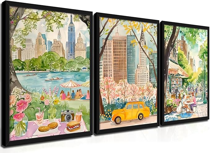 MUWAK Framed New York City Canvas Wall Art Set of 3 – Colorful NYC Skyline Central Park Yellow Taxi Posters, Modern Urban Landscape Wall Decor for Living Room Bedroom Office – 16x24in