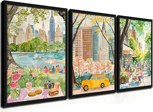 MUWAK Framed New York City Canvas Wall Art Set of 3 – Colorful NYC Skyline Central Park Yellow Taxi Posters, Modern Urban Landscape Wall Decor for Living Room Bedroom Office – 16x24in