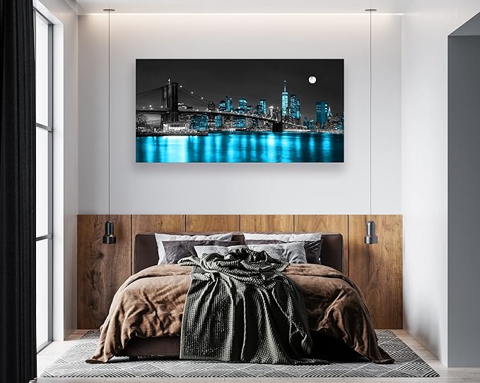 Aibonnly Wall Art Canvas Painting Black White and Blue New York Brooklyn Bridge 1 Piece Cityscape Night Building Picture Poster Print Framed for Living Room Bedroom Kitchen Office Home Decor