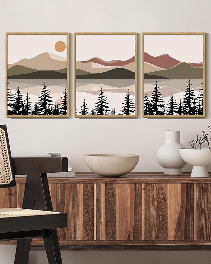 KUVIOKE Watercolor Mountain Landscape Framed Wall Art Laker Tree Boho Nature Artwork Painting Bohemain Farmhouse Rustic Home Decor 11x14in (Natural Framed)