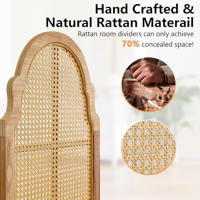 4 Panel Rattan Room Divider, 6 FT Tall Portable Partition Solid Wood Frame Folding Privacy Screen, Partition Room Divider Ideal for Bedroom Living Room Office, Light Brown