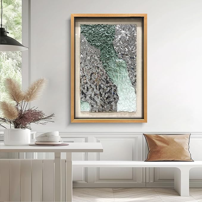 LIUZEYUE - Handmade Original Wall Art - Solid Wood Frame, Linen Hand - painted, Paper Crafts, Stainless Steel Combined Wall Hangings for Wall Decoration 27.6"x39.4"