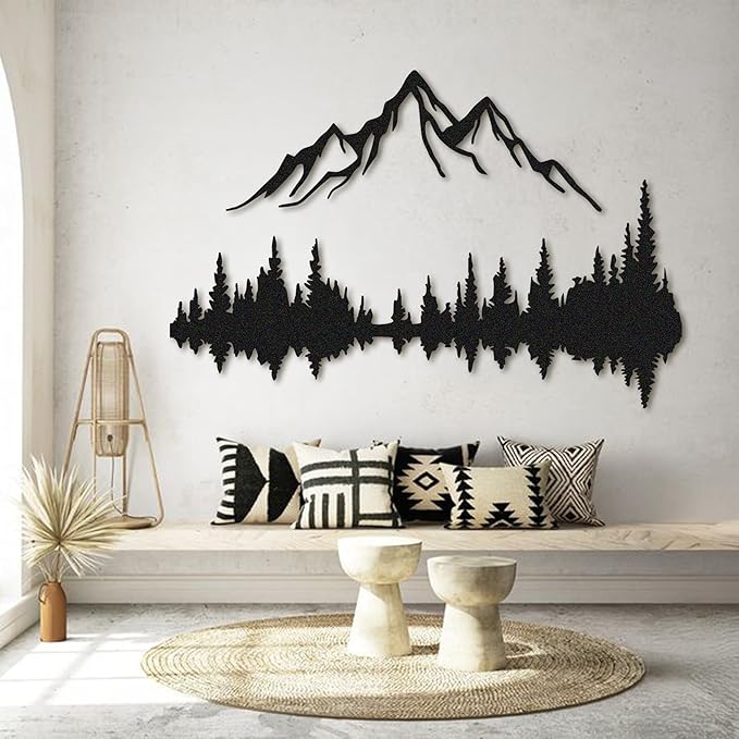 Metal Wall Art - Mountain & Forest Metal Wall Decor - Large Wall Sculpture for Rustic Home Living Room Bedroom Indoor/Outdoor (Black, 70.9'' x 47.2'' / 180 x 120 cm)
