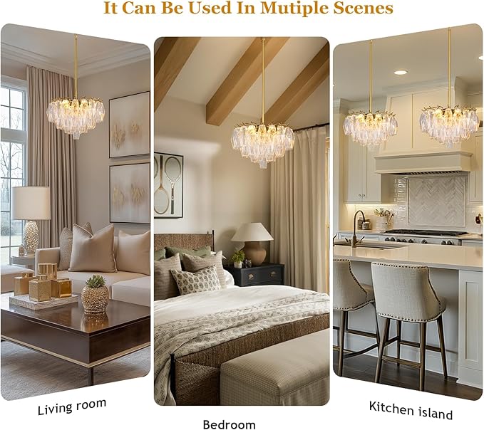 Modern Crystal Chandelier, 17'' Gold Chandeliers for Dining Room, Round Glass Crystal Brass Tiered Pendant Light Chandelier for Living Room, 3-Tier Luxury Chandeliers, Kitchen Island Light Fixture