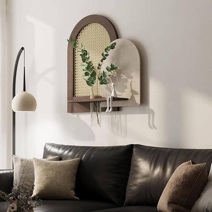 3D Textured Neutral Abstract Wall Art Decor With Shelf, Boho Beige and Brown Artwork for Walls With Green Accent, Modern Minimalist Wall Decor for Living Room, Hallway, Kitchen, Bedroom, Office 24x24