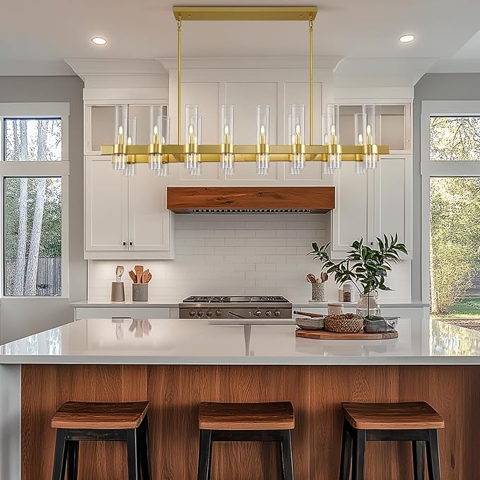 Modern Gold Linear Chandelier for Dining Room, 54'' Rectangular Dining Chandeliers Over Dining Table 16 Light, Linear Chandelier Lighting Fixture with Glass over Kitchen Island, Includes Bulbs