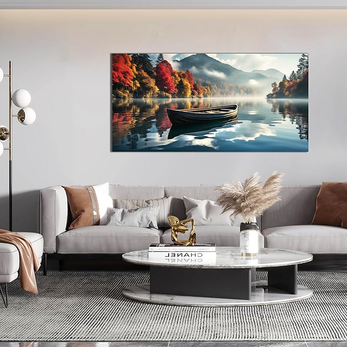 CANEITO View Wall Art for Living Room, Mountain Lake and Boat Wall-Decor for Bedroom, Natural Scenery Canvas Prints Pictures for Hallway Office, Size 59x29 Inches