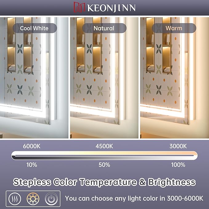 Keonjinn LED Bathroom Mirror 60" x 36" with Frontlit and Backlit, Tempered Glass Stepless 3 Colors Temperature & Dimmable Large Vanity Mirror, UL Listed LED Driver, Double Lights Anti-Fog Wall Mirror
