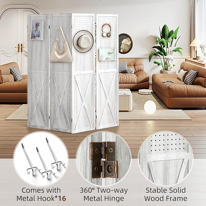 4 Panel Pegboard Display Room Divider Panel, Peg Board Room Divider and Folding Privacy Screen, 5.6Ft Wood Divider Wall, Pegboard Display Stand Organizer for Art, Craft Show, Jewelry (White)