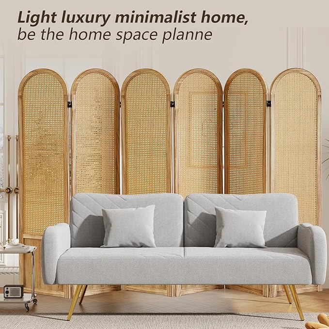 6 Panel Rattan Room Divier, Room Divider Panel and Folding Privacy Screens, Room Divider Wall, Solid Wood Frame, Partition Room Dividers, Bedroom, Lounge, Light Brown