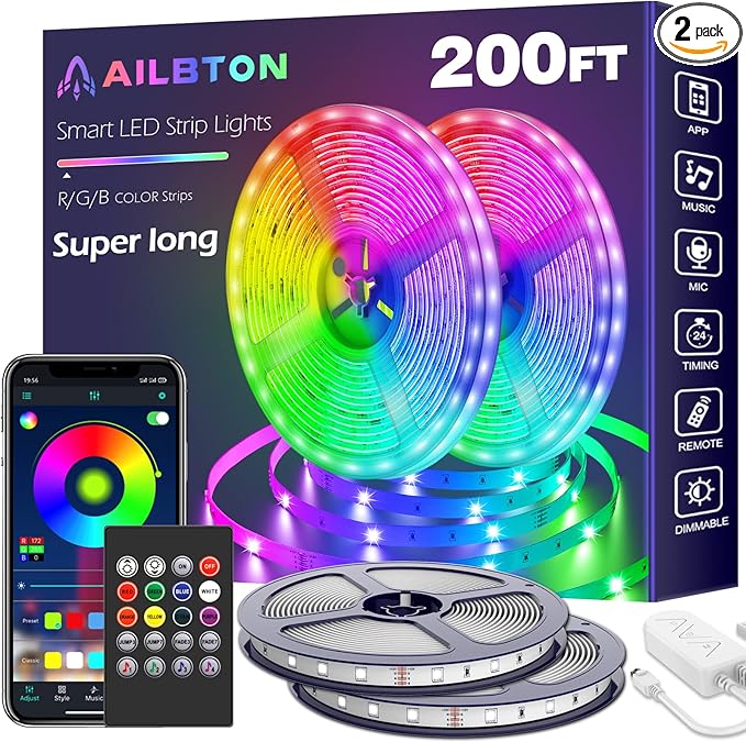 AILBTON 200ft Led Strip Lights(2 Rolls of 100ft led Lights) Ultra Long Led Light Strip with App Voice Control Remote,5050 RGB Music Sync Color Changing Led Lights for Bedroom,Party,Home Decoration