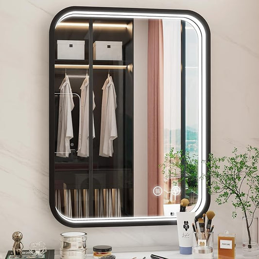 24x32 Inch Black LED Mirror for Bathroom with Lights, 3000K/4500K/6000K, Wall Mounted Lighted Bathroom Vanity Mirrors, Stepless Dimmable, Memory Funtiom, Anti-Fog, Horizontal/Vertical