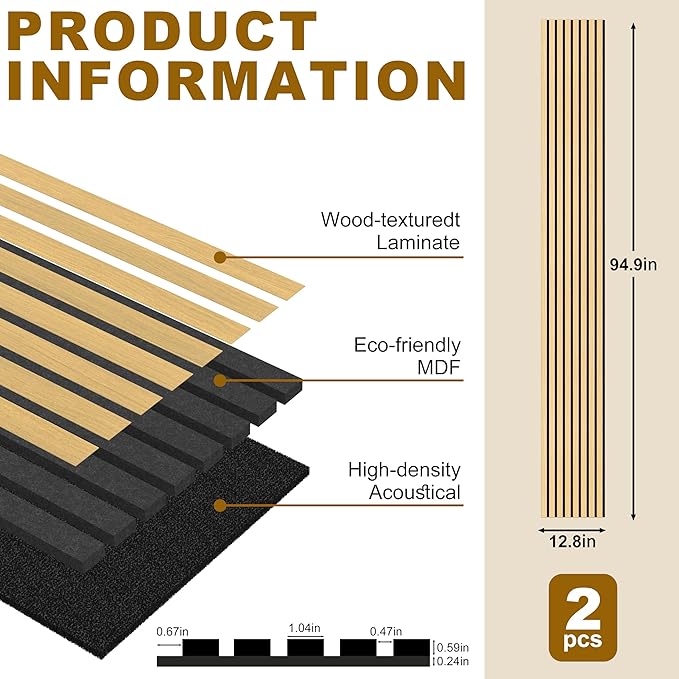 Acoustic Wood Wall Panels, 2-PC 94.49 x 12.6 in Soundproof Wood Wall Panels for Decor, Wood Slat Wall Panels for Wall Decor, Natural Oak