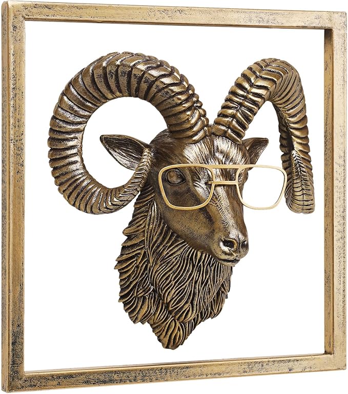 JJALIGHTS Animal Heads Wall Decor Resin Animals Sculptures Head Wall Hanging Decoration Imitation Copper vintage Wall Sculpture for Living Room Bedroom Office(Bighorn,Includes Metal Frame)