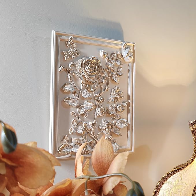 Kangce Vintage Wall Sculptures,Antique Wall Art with Hand-Carved Rose Pattern, Victorian Home Decor,for Living Room, Bedroom,Hallway Gallery,Rectangular,Off-White and Gold