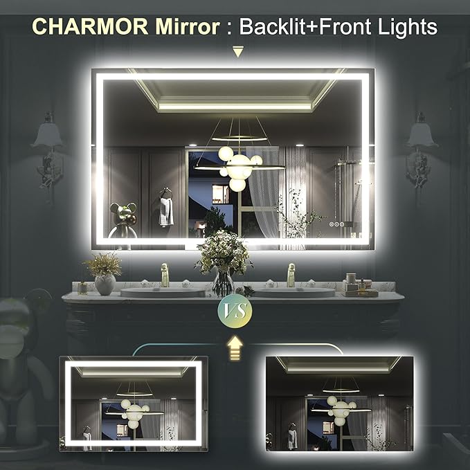 48x30 LED Lighted Bathroom Mirror, Vanity Mirror with Lights for Wall, Dimmable, Defogger, Shatter-Proof, 3 Colors, ETL Listed (Frontlit+ Backlit)