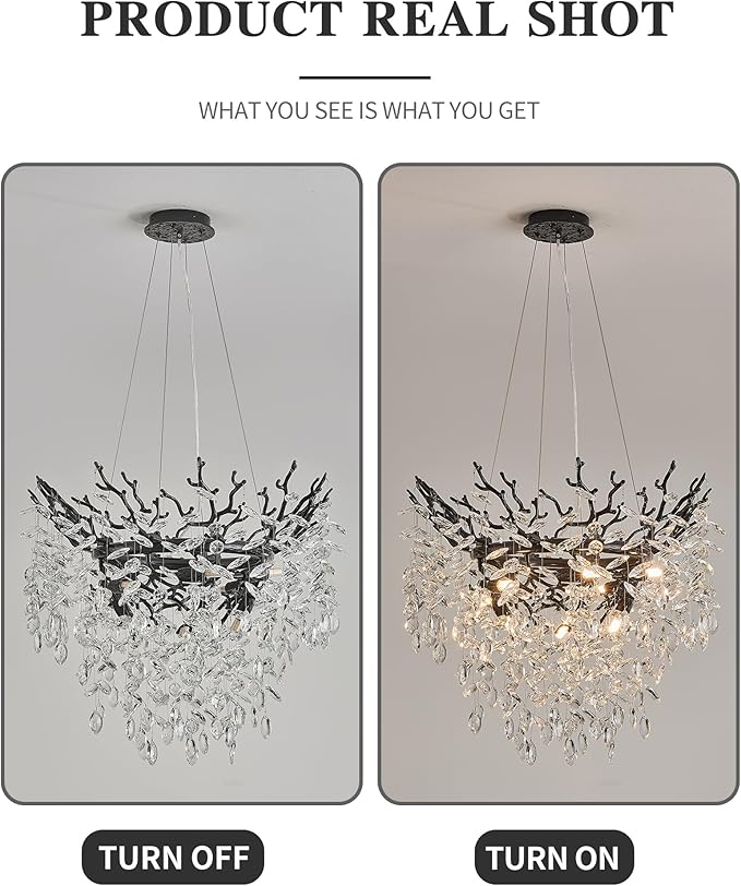 Modern Crystal Chandelier for Dining Room, 23.62" Black Tree Branch Chandeliers, 8-Light Luxury K9 Crystal Round Chandeliers for Kitchen Island Living Room