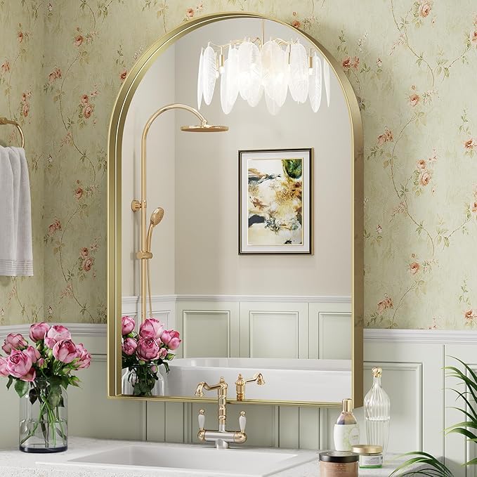 Brightify Arched Mirror, 30 x 40 Inch Gold Arch Mirror, Metal Frame Wall Mirror, Top Bathroom Vanity Mirror for Living Room Bedroom Mantle